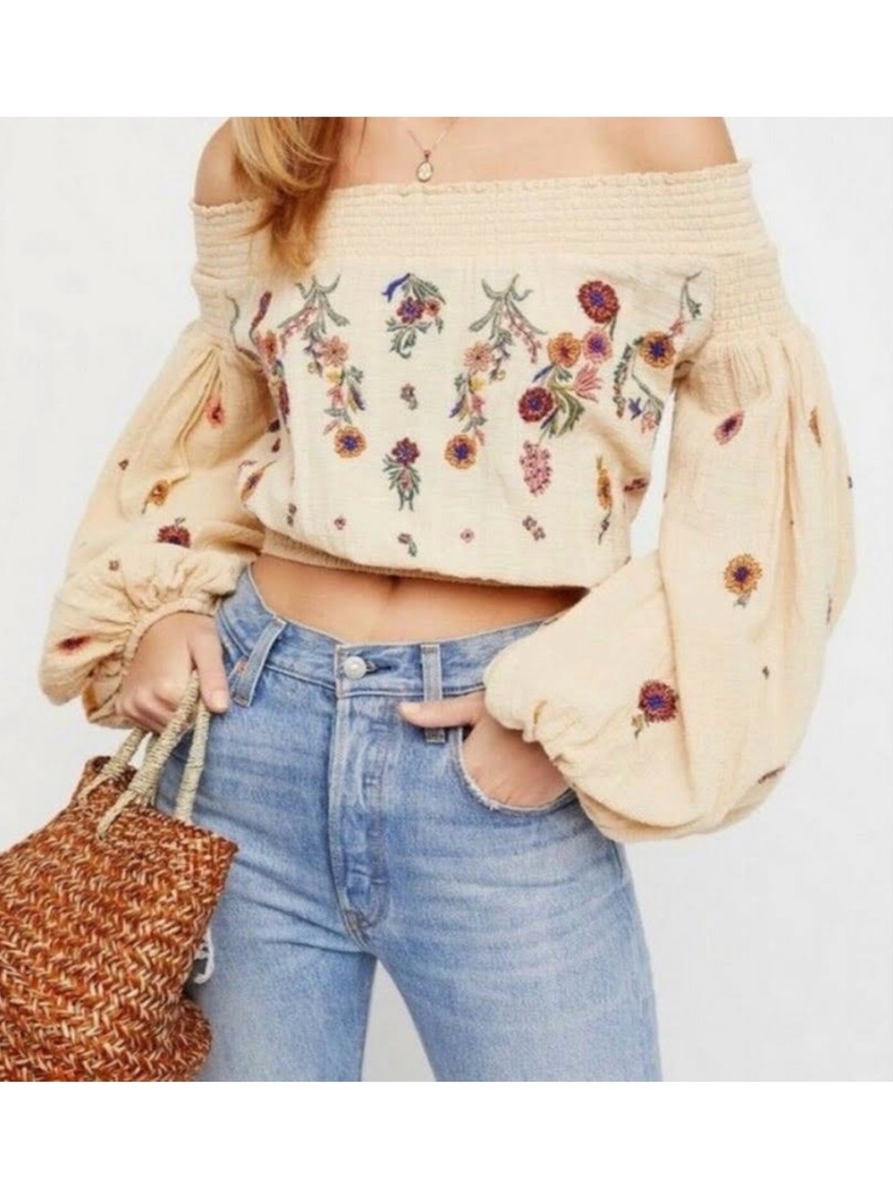 Free People Saachi "Floral Embroidered Off Shoulder Boho Top Blouse